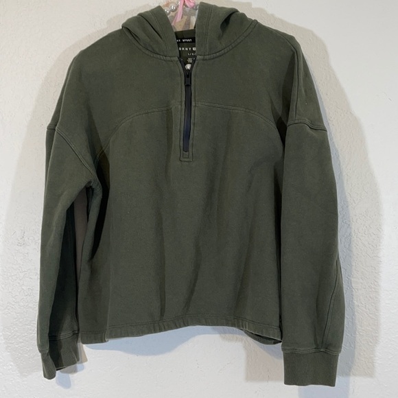 DKNY Cropped Half-Zip Army Green Hoodie Size Large - Picture 2 of 7